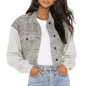 AllSaints Anders Mixed Media Leopard Print Trucker Jacket w/ Sweatshirt Sleeves